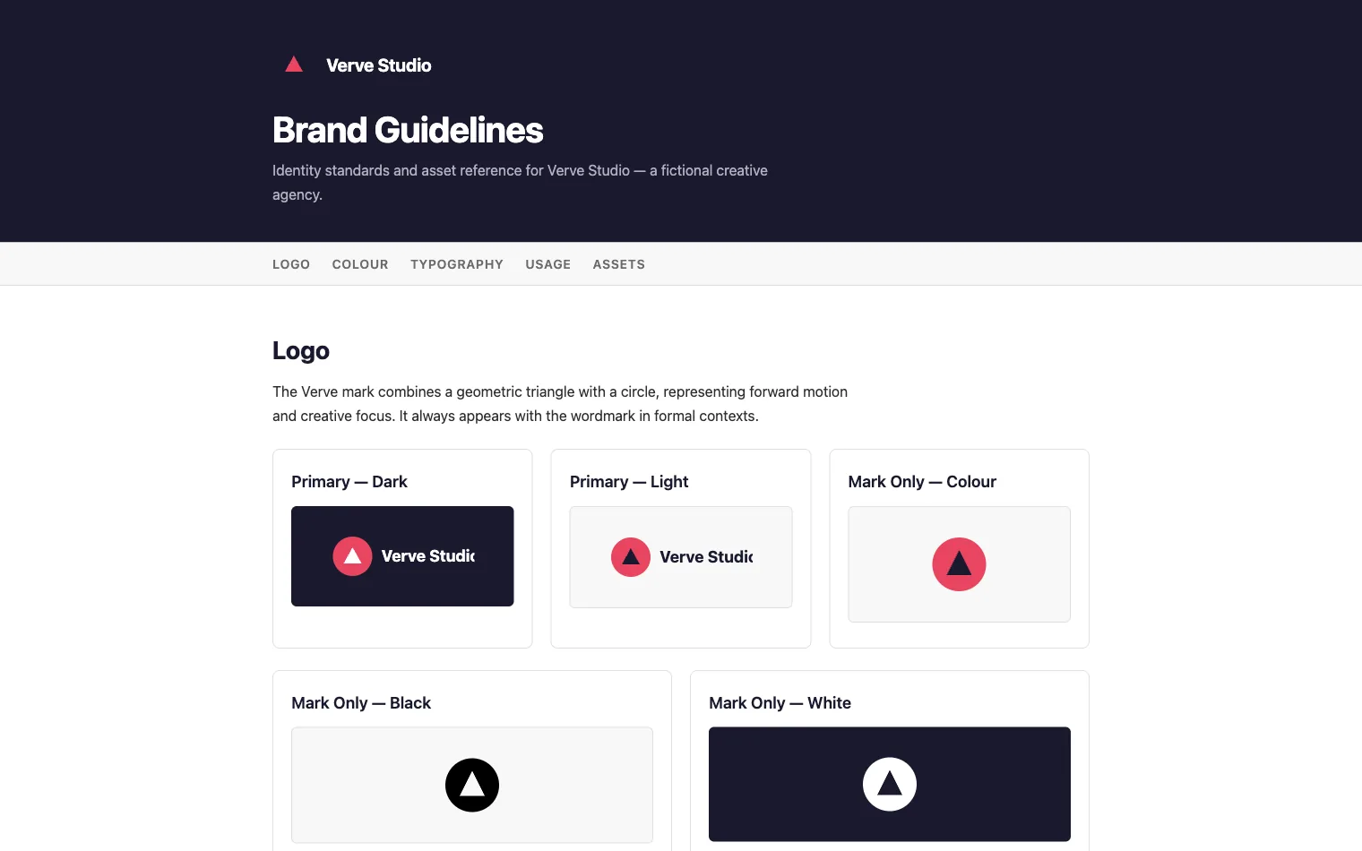 Brand Assets: A structured brand kit: logo lockups, colour swatches with hex values, and do-and-don't usage examples.