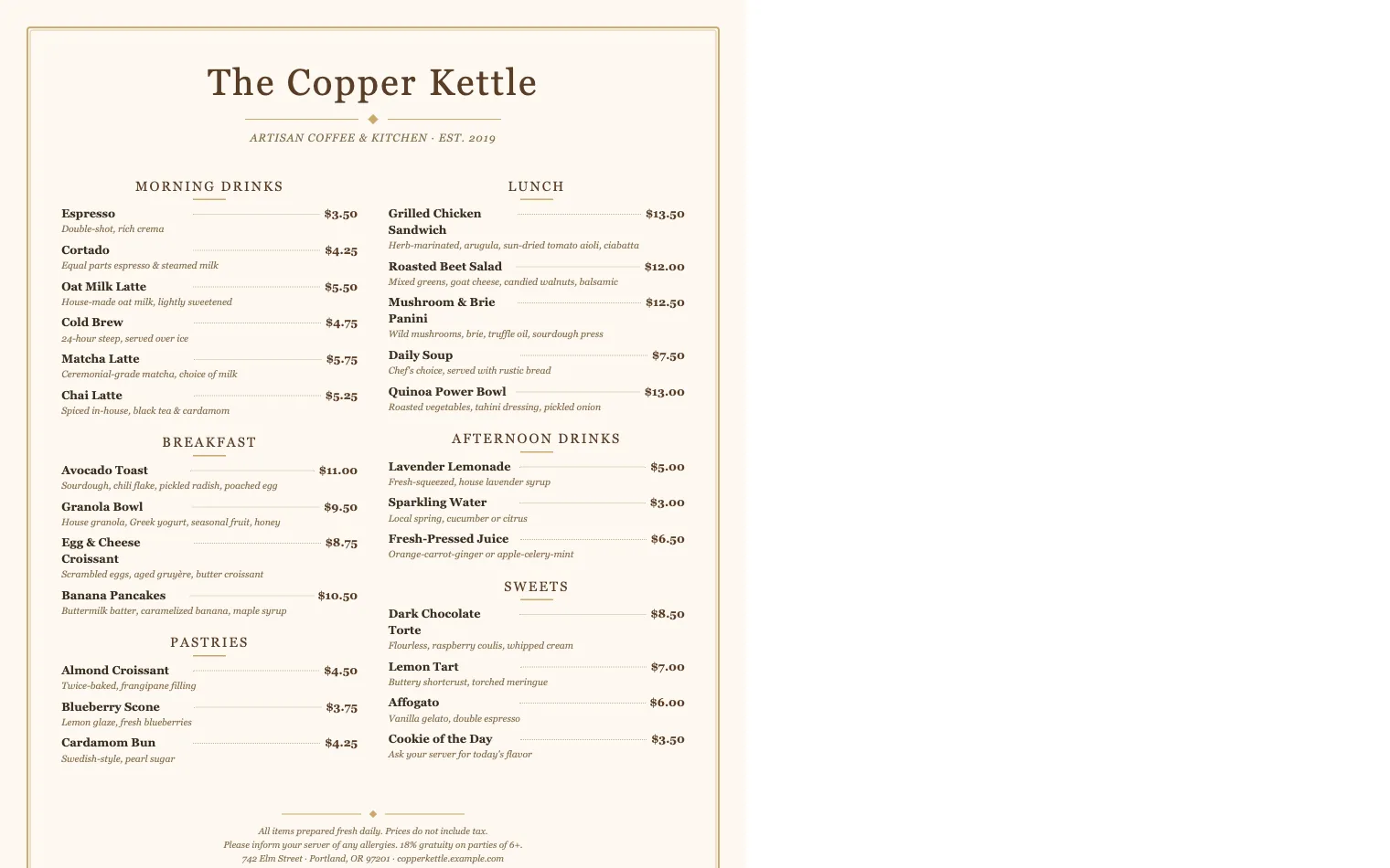 Café Menu: A warm one-page menu behind a QR code on the table. Prices change, the code stays the same.