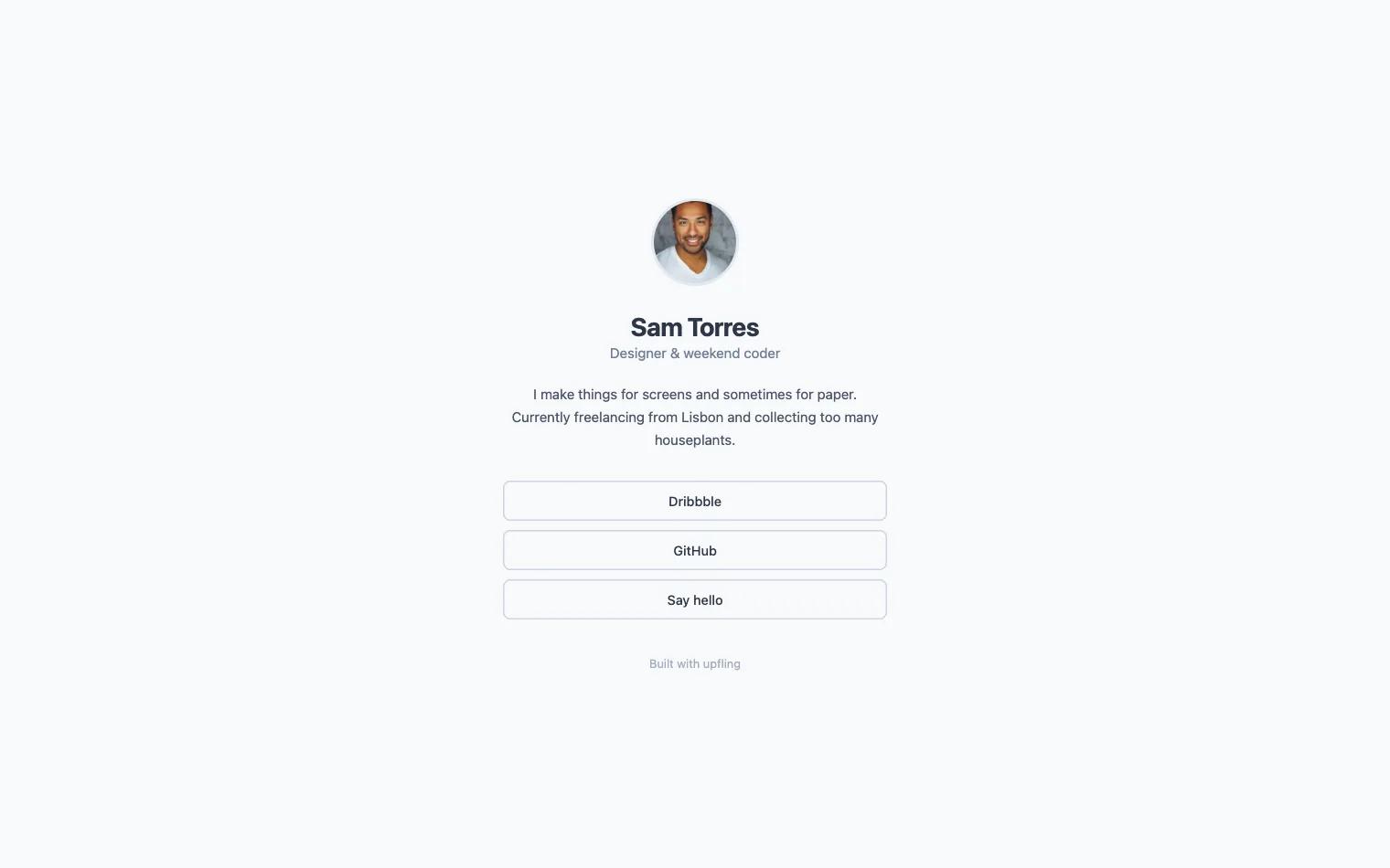 Hello: A deliberately simple personal page. A name, a sentence, three links. Some sites really are this small.