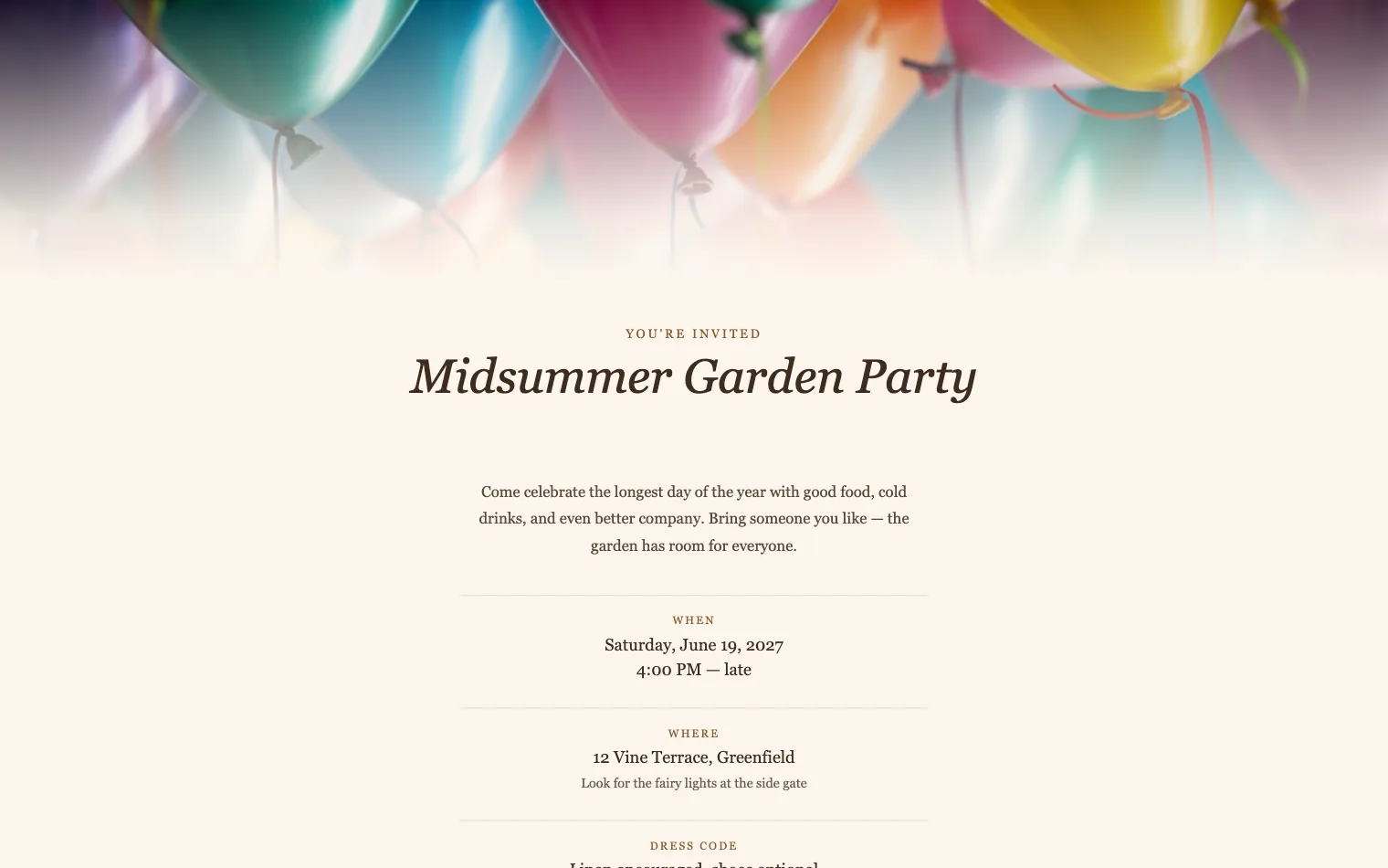 Invite: A playful party invitation with the date, the address and an RSVP button. Sent as a link in a group chat.