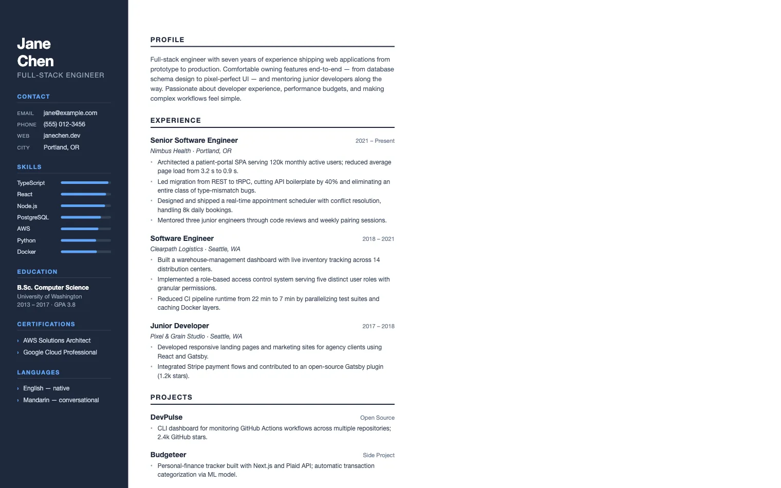 Jane's Résumé: A clean professional CV shared as a link instead of an attachment. Opens in the browser on any device.