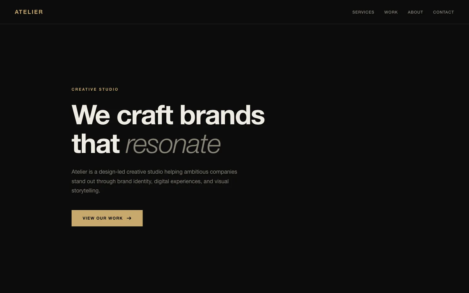 Studio: An elegant dark one-pager for a two-person design agency, with selected work and a contact address.