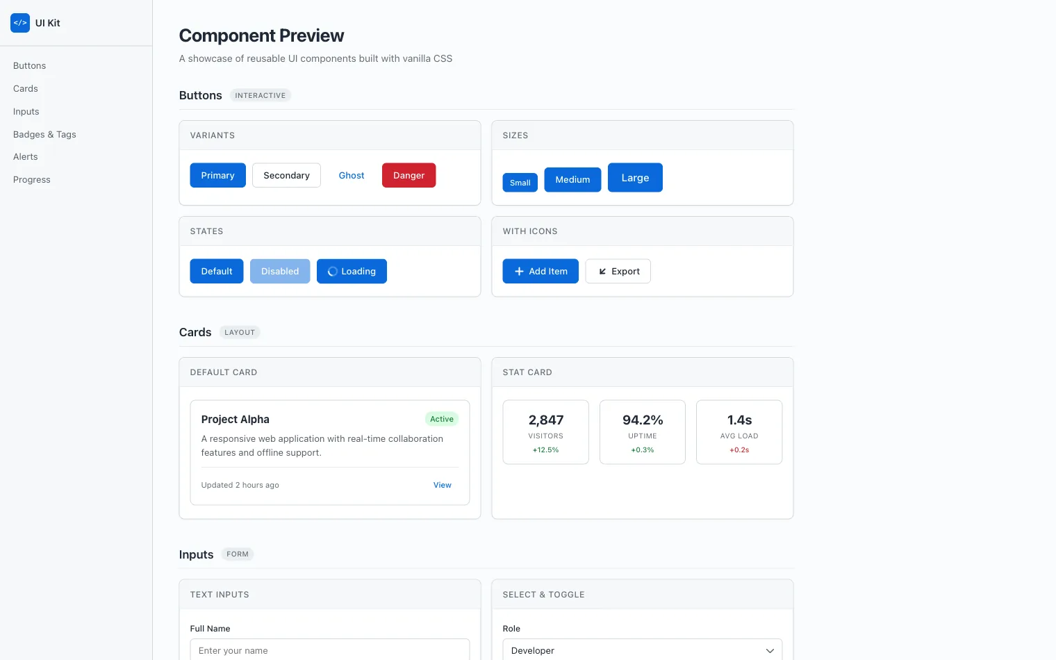 UI Kit: A component showcase a developer uses to hand UI states to their team without spinning up Storybook.