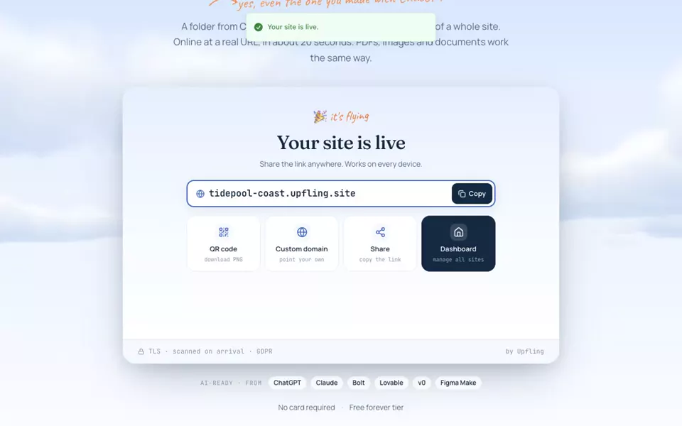 The upload flow, recorded: a folder is dropped on the card, the files are checked, a subdomain is picked, the site launches and opens at its URL.